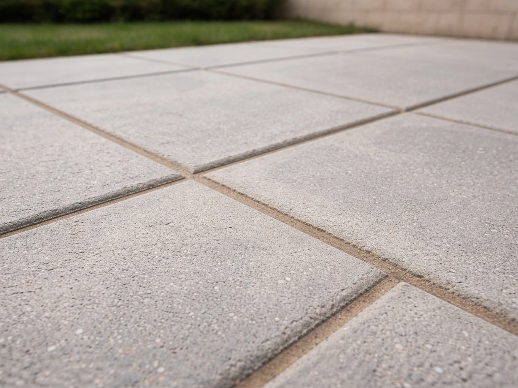 Close-up of newly pointed patio joints between concrete pavers, ready to be sealed.