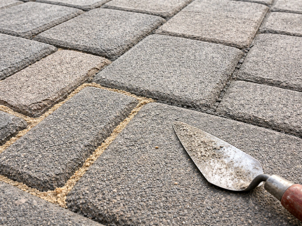 Close-up of paver joints showing sand-filled areas beside mortar-filled joints with a nearby trowel.