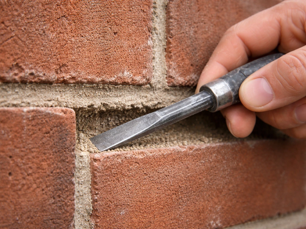 Worker raking out failed mortar from a brick joint with a chisel, revealing clean uniform depth