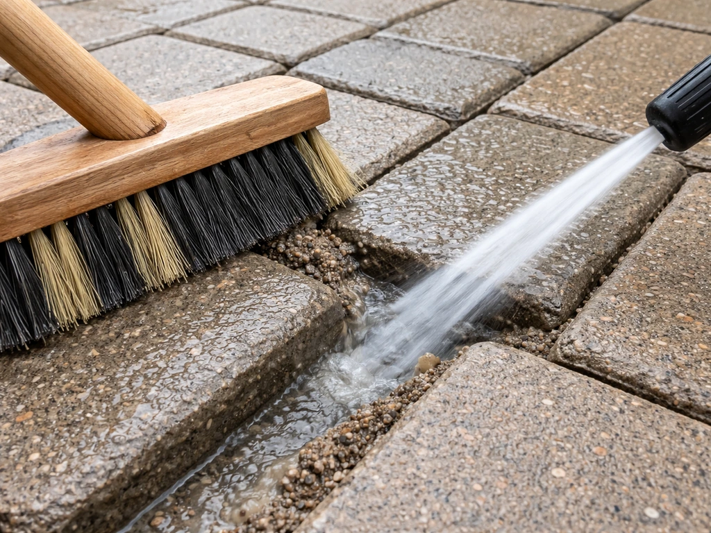 Stiff brush and water pressure-washing joint lines between concrete pavers before repointing.