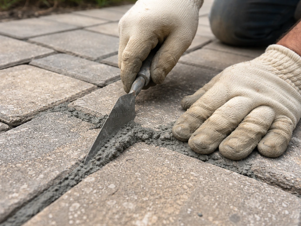 Gloved hands troweling fresh mortar into paver joints and smoothing it level with the surface.
