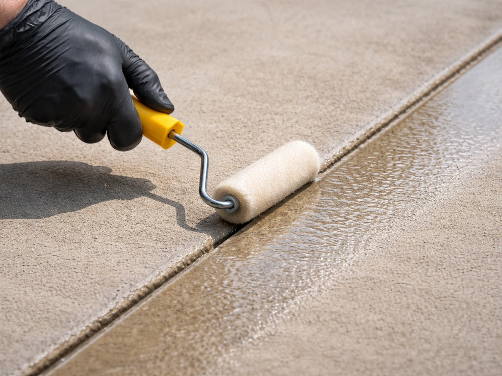 Gloved hand rolling a thin, even sealer coat along a cured concrete joint line with wet sheen.