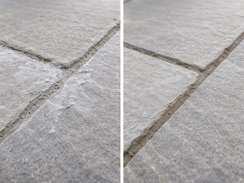 Close-up of fresh chalky mortar smears on patio slabs beside a cleaner cured-looking section.