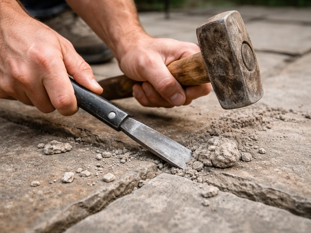 Hands using chisel and club hammer to remove thick mortar lumps from a stone patio slab.