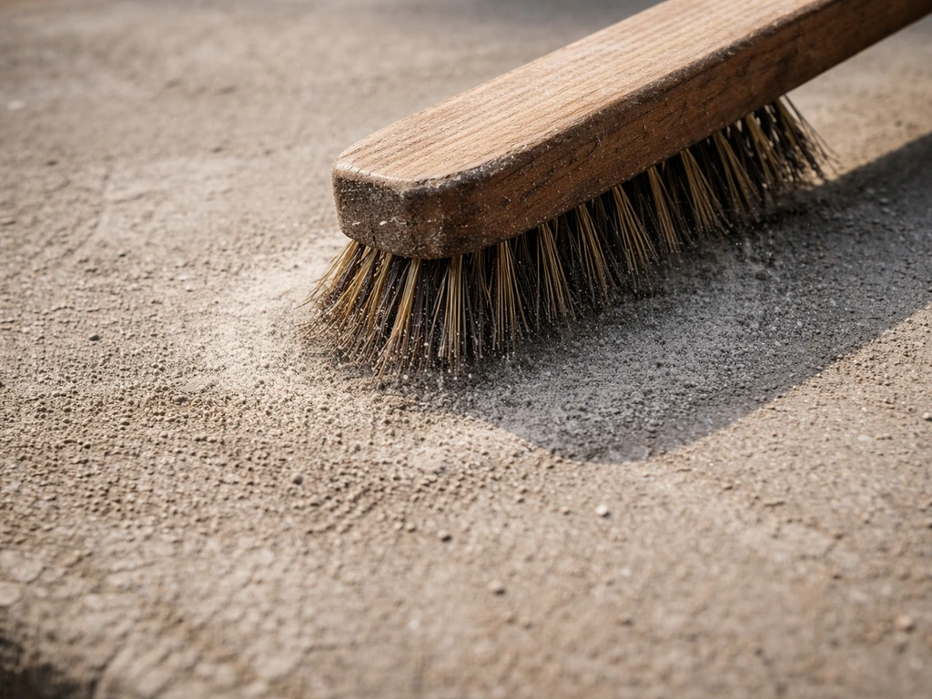 A stiff wire brush scrubbing a concrete slab to remove haze and loose residue.