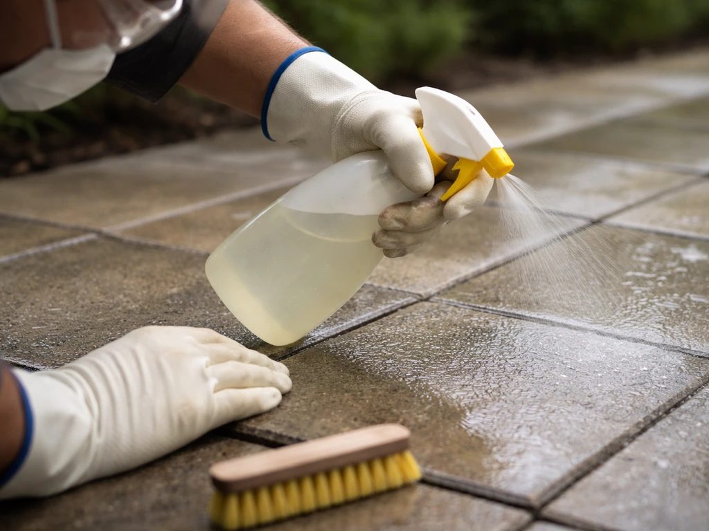 Gloved hands spraying haze remover onto a damp concrete paver slab for controlled dwell