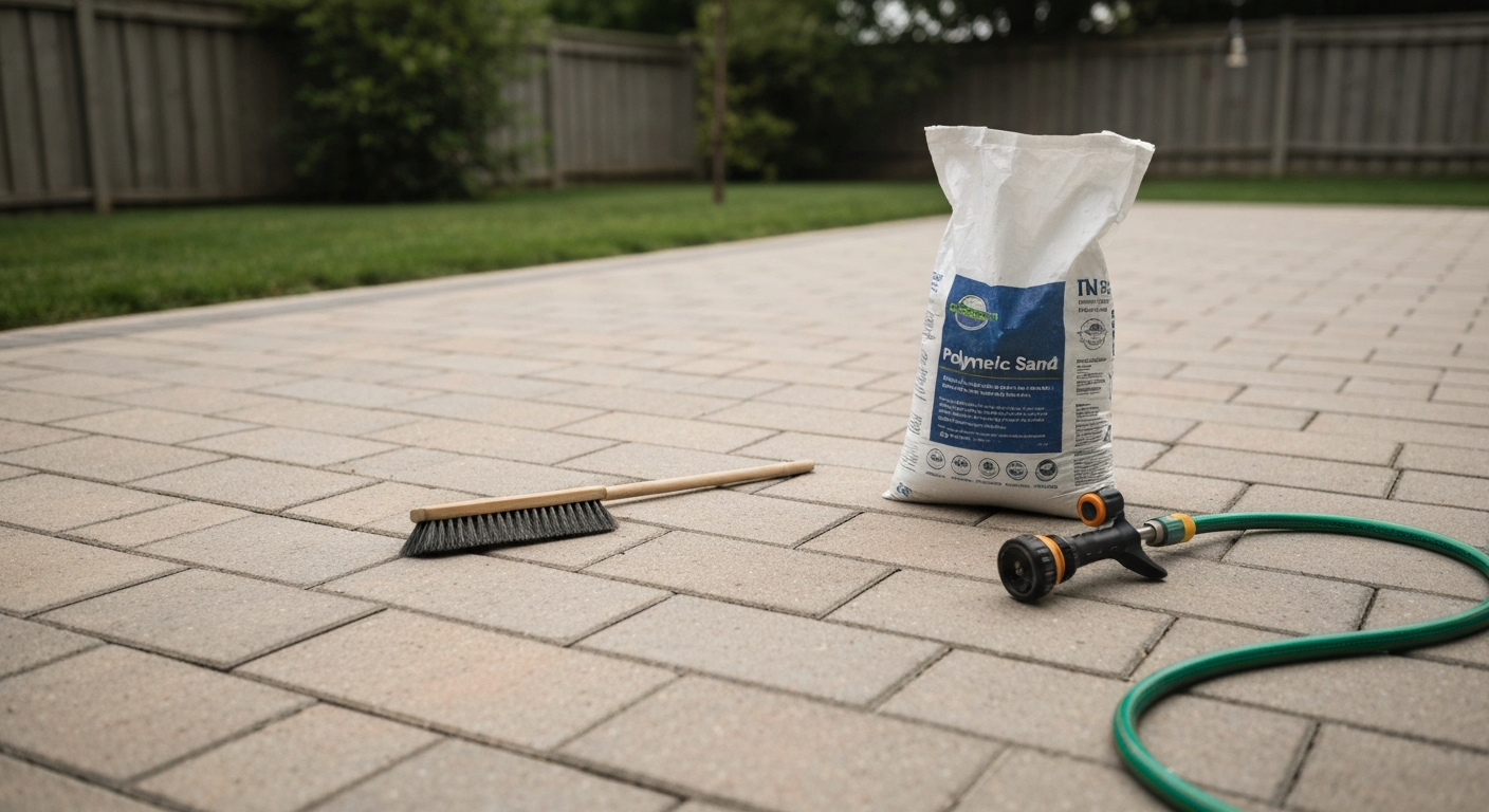 Freshly repointed paved patio with polymeric sand, broom and hose