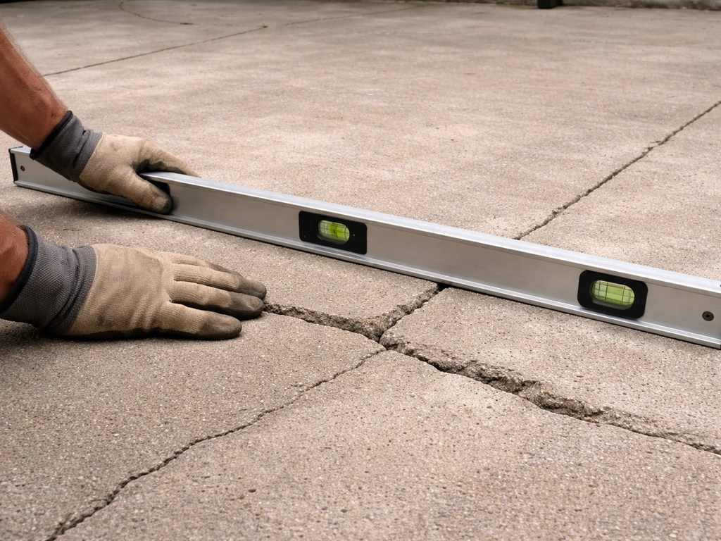 DIY homeowner using a long straightedge across a patio slab to check a low spot and cracks.