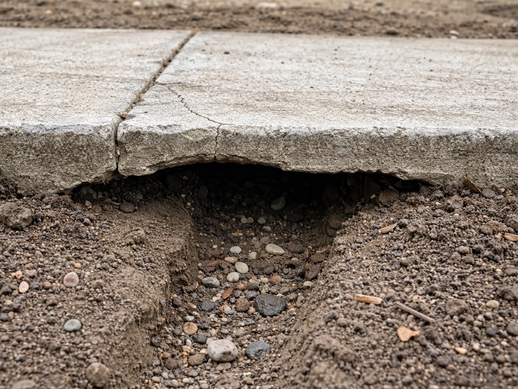 Close-up of washed-out soil near patio edges with visible voids under the slab area