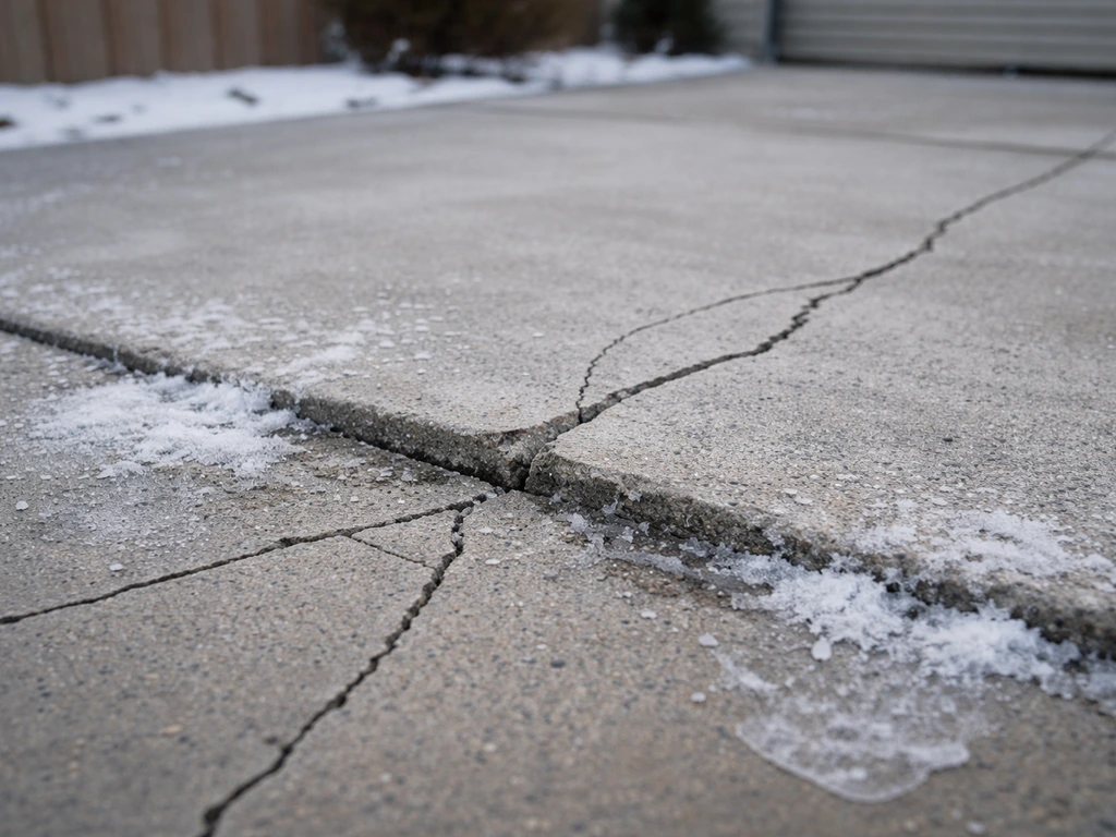 Cracked patio slab with heaved concrete edges and frost along the surface in cold winter light.