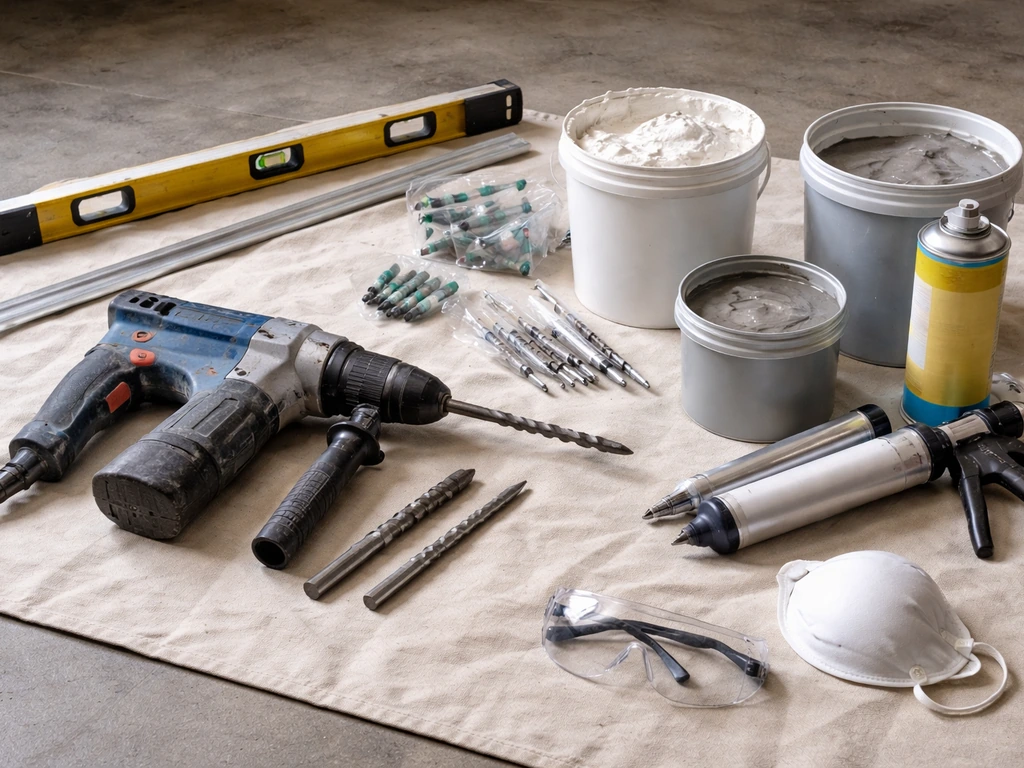 Rotary hammer drill, masonry bits, foam/grout, level, and safety gear laid out on a tarp