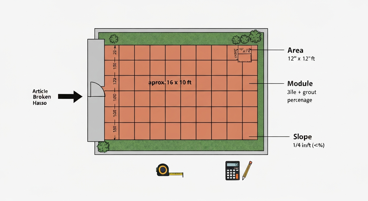 Vector infographic plan of a patio showing tile modules, total area, slope arrow pointing away from house, and icons for tape measure, calculator and pencil.