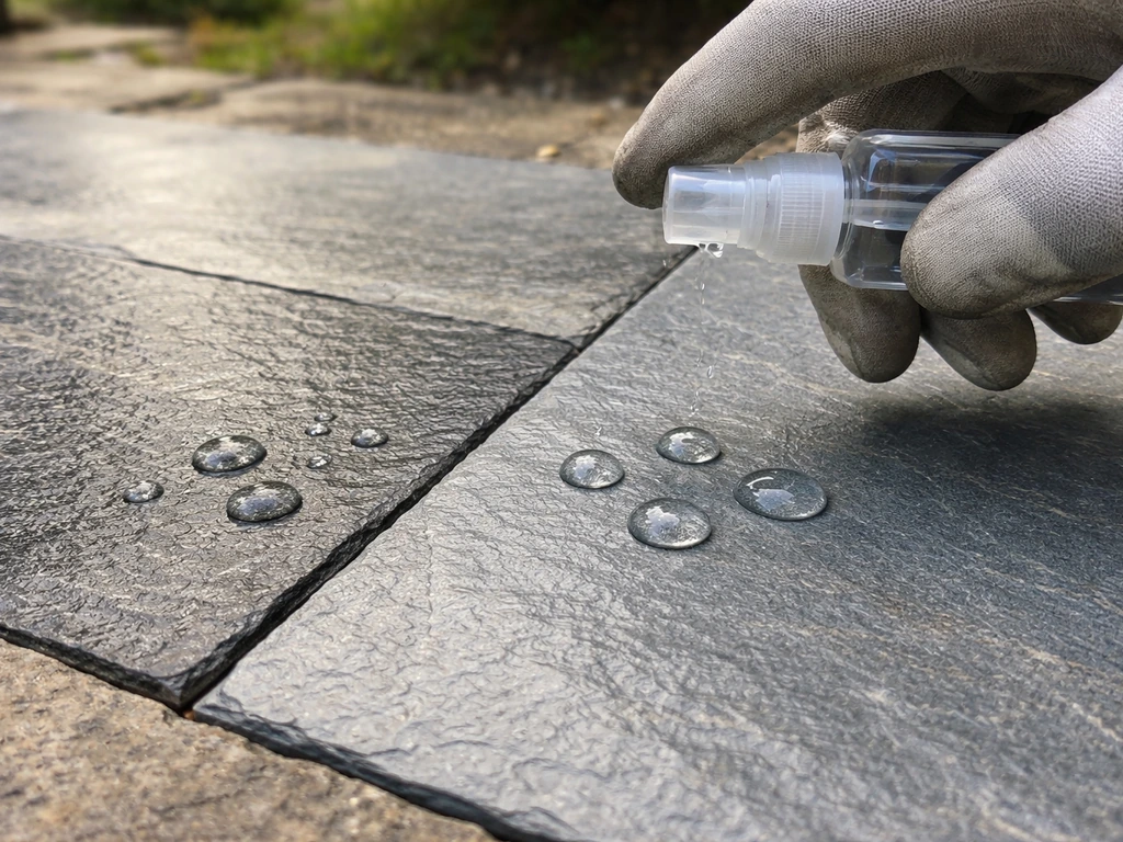 Close-up of slate patio with water droplets beading to check for existing sealant.
