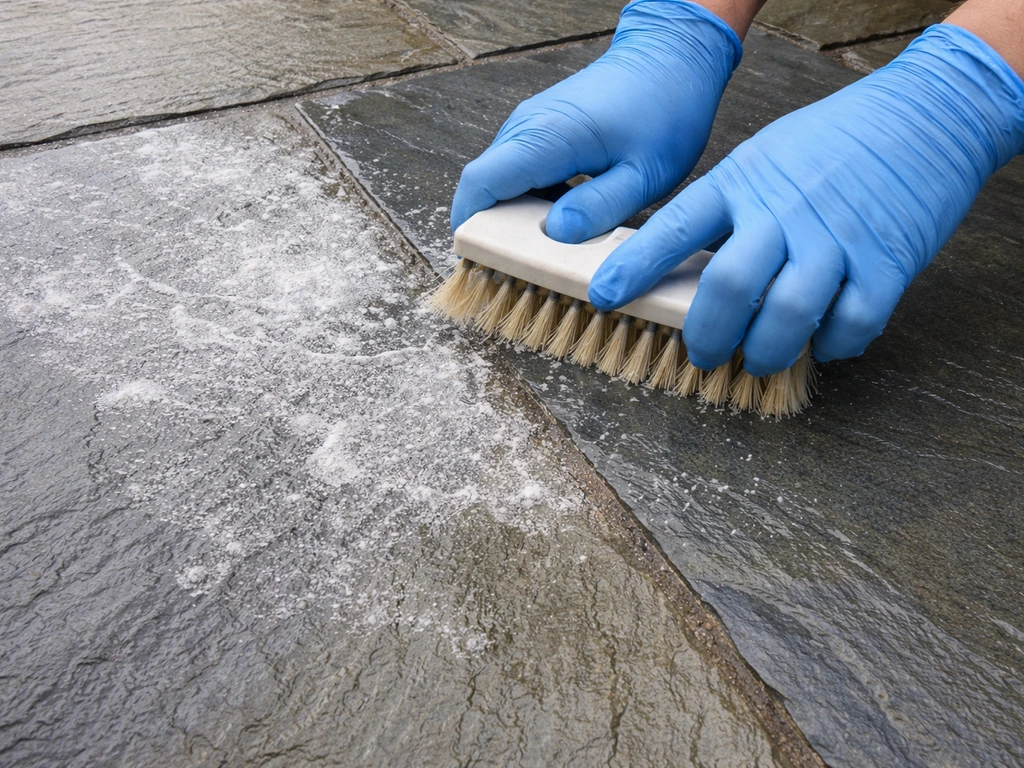 Close-up slate tiles with white chalky efflorescence beside a cleaned darker section after scrubbing.