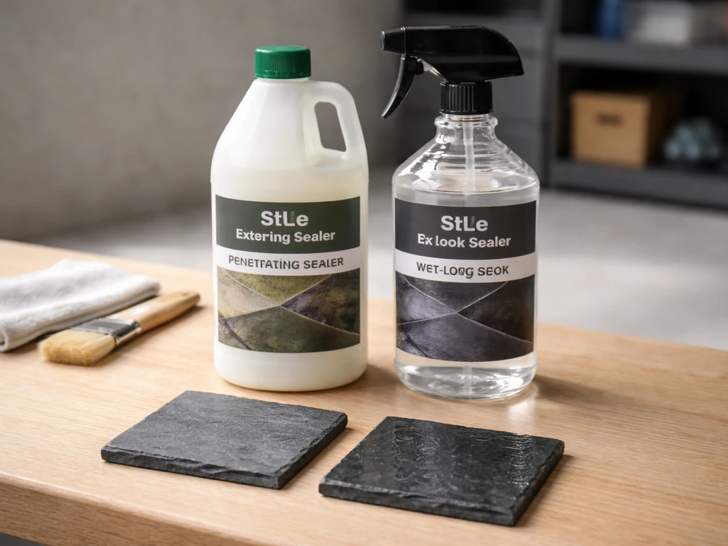 Two slate sealer bottles and matte/glossy slate test tiles on a workbench to compare finish results.
