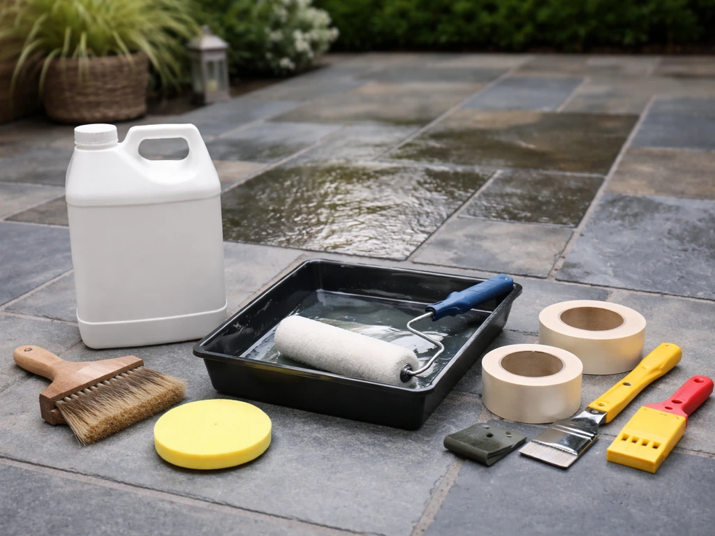 Tools for sealing cleft slate—sealer container, brush/pad, roller and tray, masking tape staged on patio.