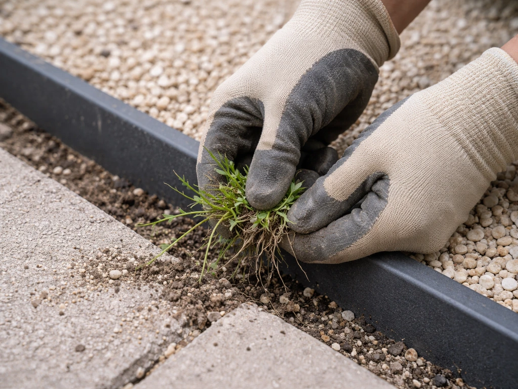 Gloved hands remove weeds and debris from between pea gravel and patio edging before sealing.