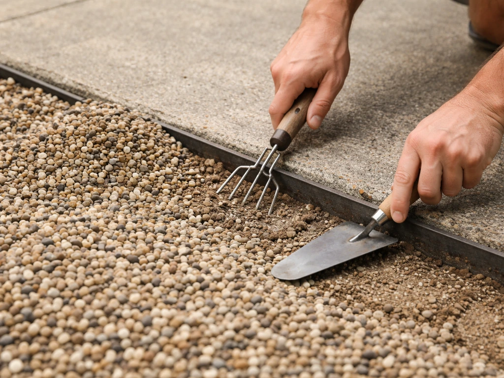 Person repacking pea gravel along a patio edge and leveling it near shifted metal edging