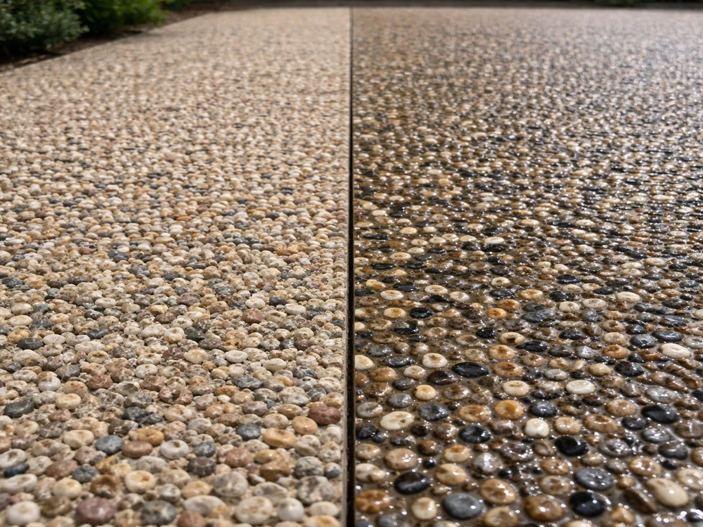 Minimal split view of two pea gravel/exposed aggregate areas showing penetrating vs film-forming sealer effects.