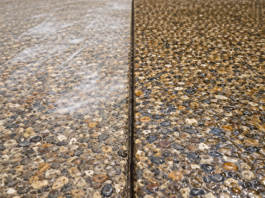 Close-up of a sealed aggregate floor showing milky white haze beside a clear, properly sealed patch.