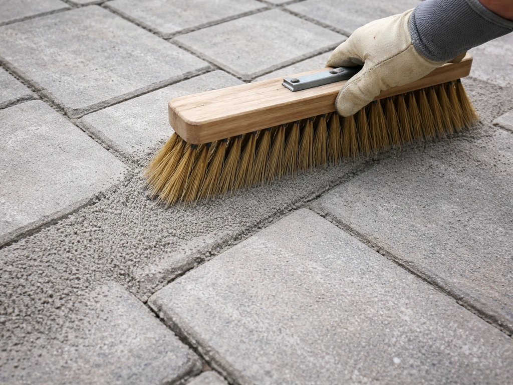 Close-up of a push broom sweeping dry mix into patio paver joints.