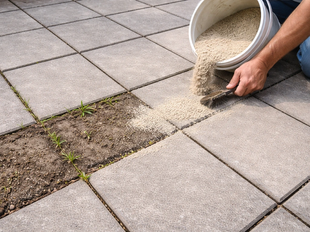 Worker hand spreading dry mortar between stable patio pavers with weeds cleared from joints.