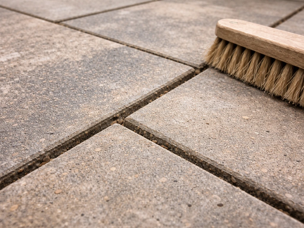 Clean patio joints between paving stones, with a stiff brush nearby, ready for pointing.