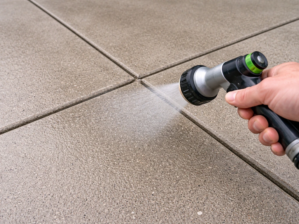 Fine mist from a hose gently wets expansion joints on a fresh concrete surface outdoors.