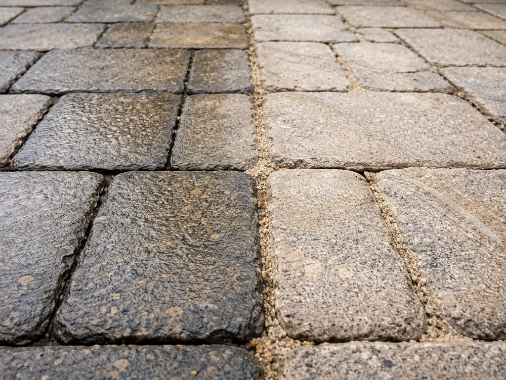 Close-up of patio paving joints: some intact while others are washed out after rain