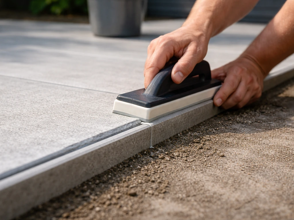 Hands apply weatherproof sealant along aligned porcelain edge tiles on a patio perimeter.