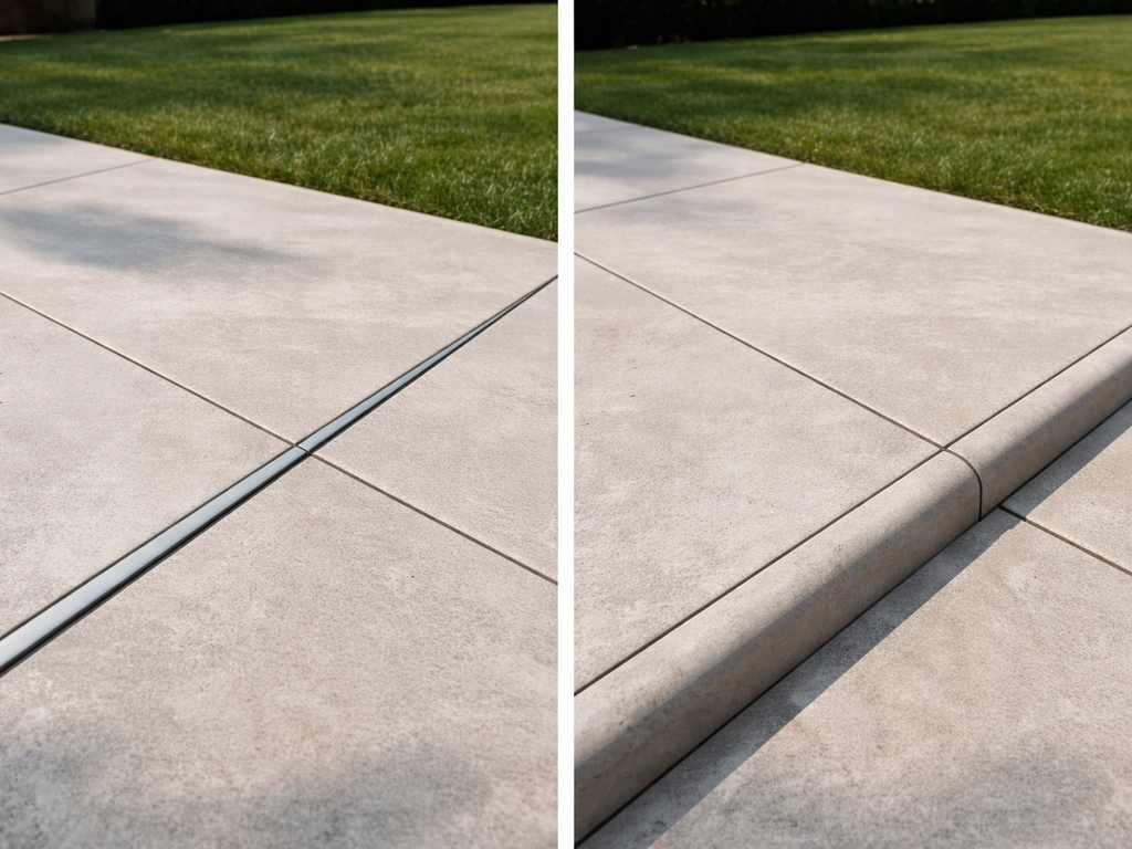 Porcelain patio corner showing aluminum edge profile next to a bullnose/drop-edge style finish.