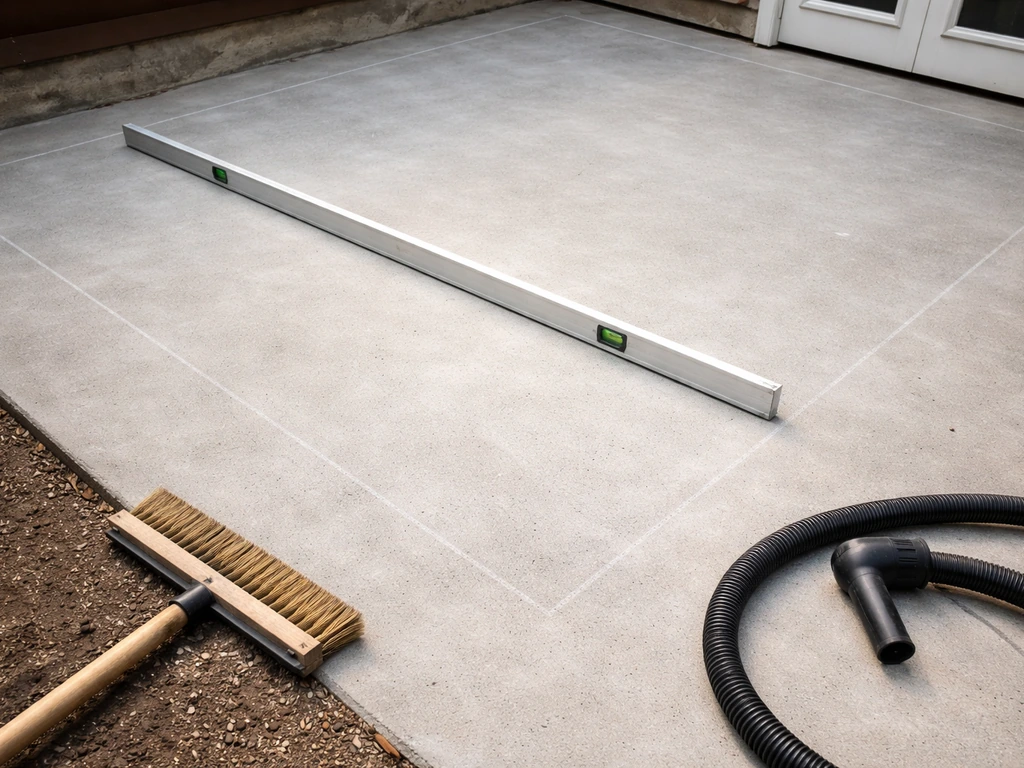 Concrete patio slab with a level straightedge, broom, and vacuum hose for substrate prep before tiling.