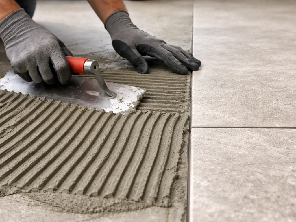 Notched trowel spreading polymer-fortified thinset as a porcelain tile edge piece is pressed into place