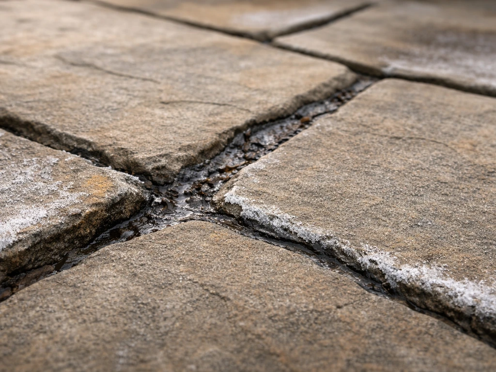 Close-up of cracked patio paver joints with wet staining, white efflorescence, and light frost from freeze-thaw.
