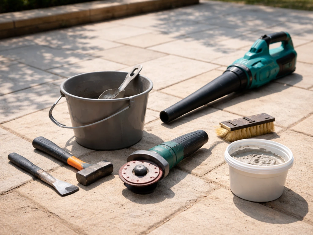 Tools and materials for patio repointing laid out on paving stones: chisel, grinder disc, brush, leaf blower, bucket, mo