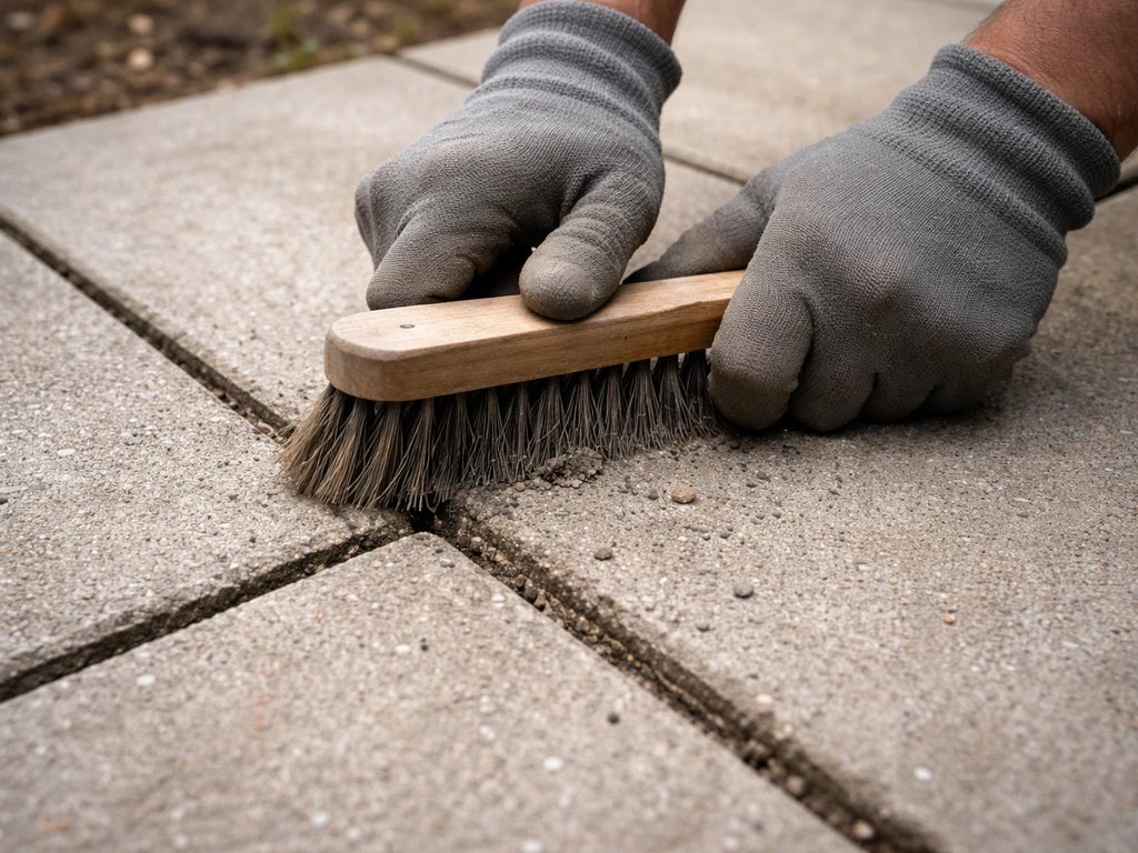 Close-up of gloved hands brushing between patio slab joints, dust clearing along the line.