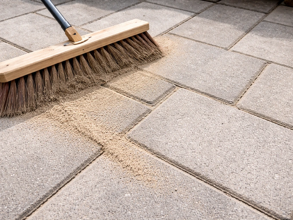 Person sweeping polymeric sand into patio joints with a soft brush, sand recessed below slab edge.