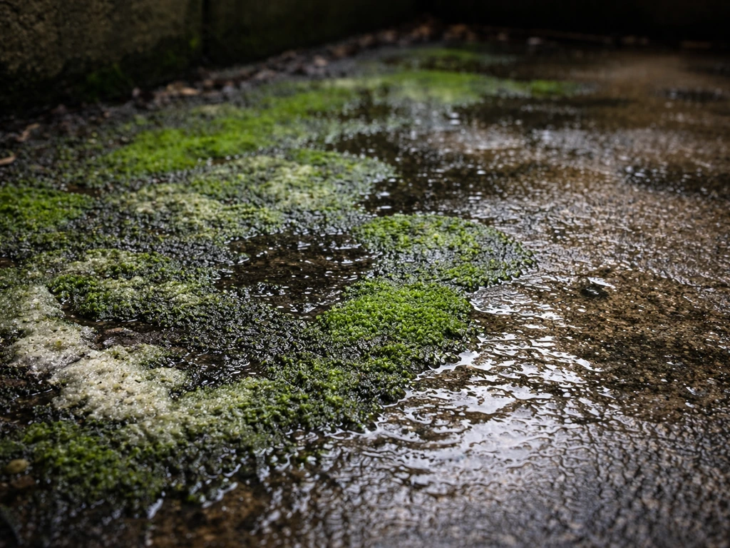 Close-up of damp concrete covered with green and black algae/moss in a shaded low spot.