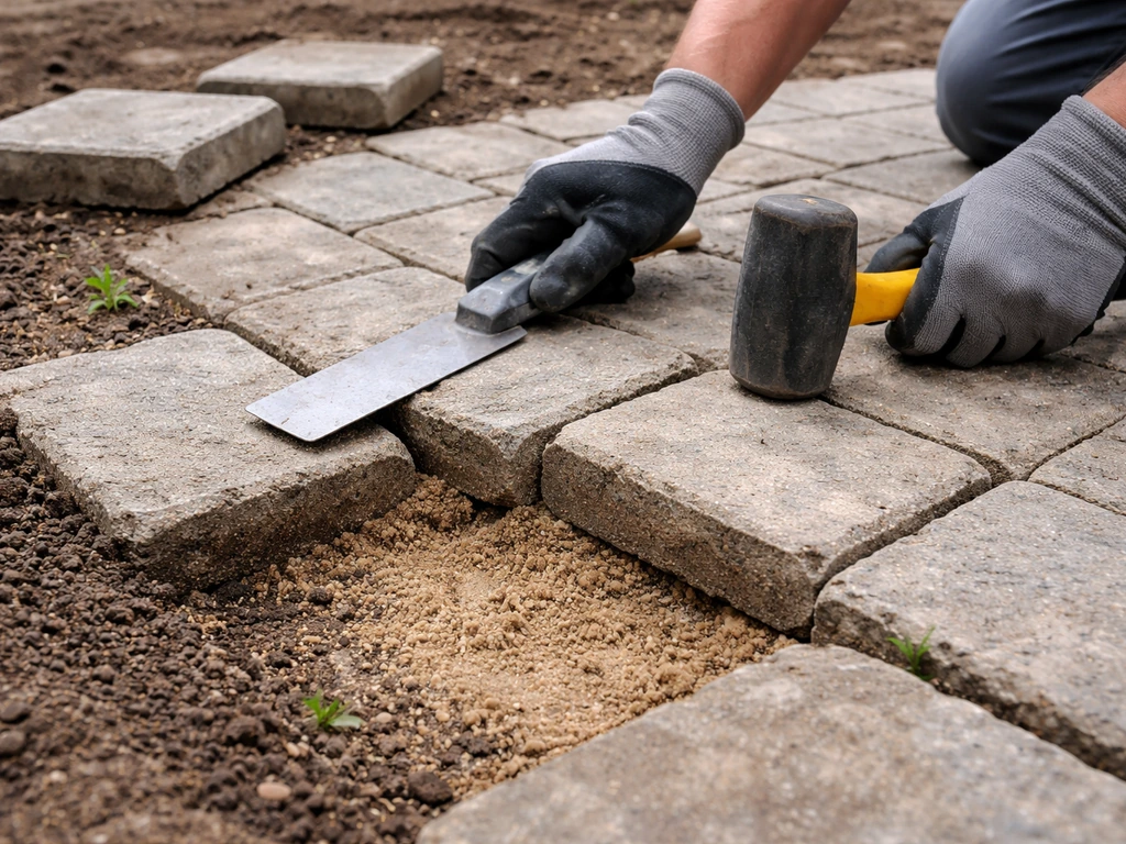Side view of re-leveling sunken pavers, with exposed bedding sand and tools in the joints.