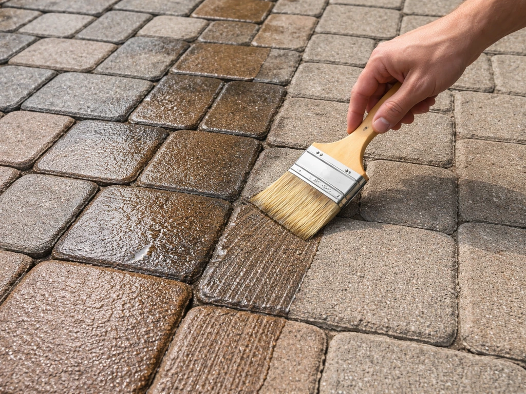 Close-up of thin, even sealer strokes applied to dry pavers beside a clean, unsealed section.