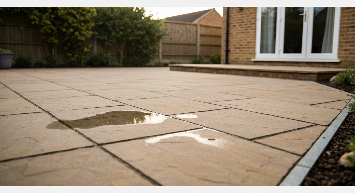 Well-maintained patio with even slabs, clean joints, edge restraint and a small bead of water on the surface to show sealing.