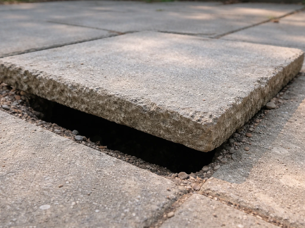 Close-up of a lifted patio slab showing a visible gap/void underneath on a home patio.
