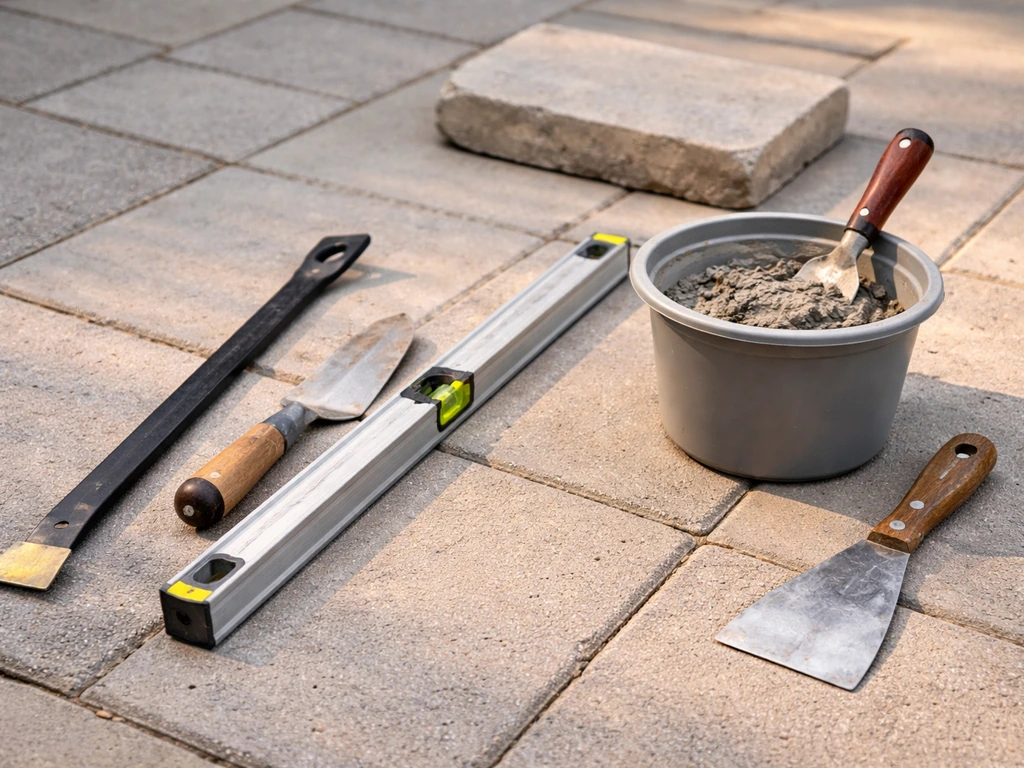 Tools for a concrete slab repair neatly laid out on a driveway pavers, ready to use.
