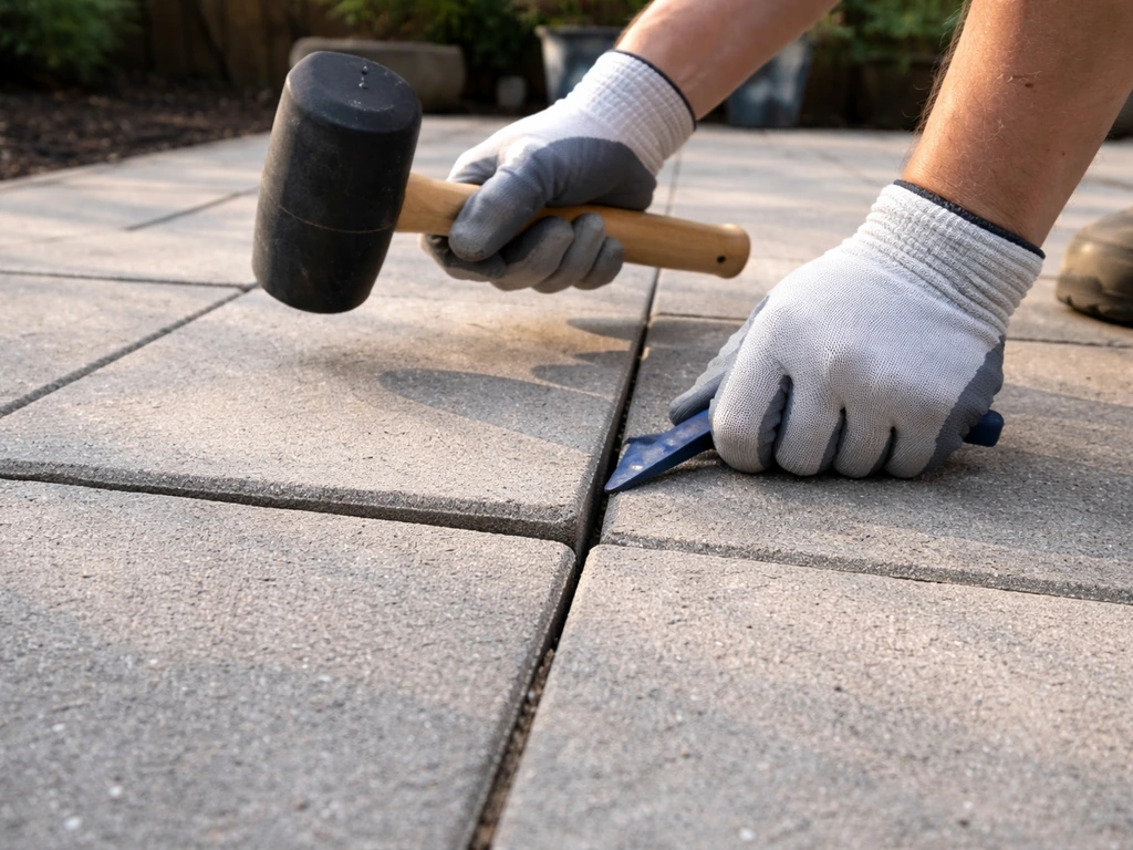 Close-up of a hand sliding and aligning a loose patio slab, keeping even gaps between stones.