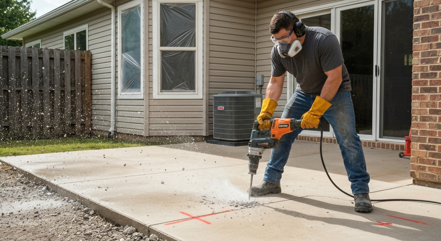 Homeowner using a demolition hammer on a concrete patio with water dust suppression and PPE, house protected in background