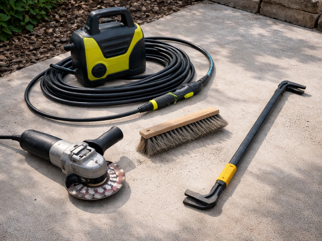 Pressure washer, angle grinder with diamond wheel, stiff brush, and pry bar laid on a patio workbench.