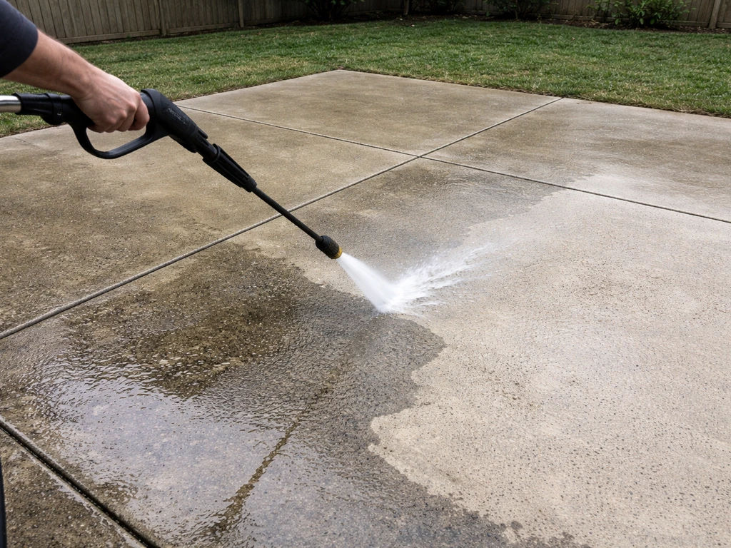 Empty concrete patio as a pressure washer cleans grime, revealing surface texture for repairs.