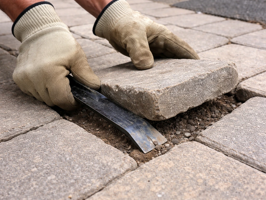 Gloved hands lifting a sunken patio paver with a pry bar, exposing gravel base beneath.