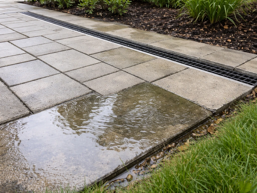 Wet patio pavers show a low pooled-water area alongside a newly installed channel drain.