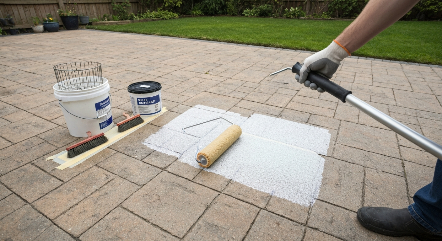 Wide shot of a patio being sealed with a roller on an extension pole, showing wet edge, bucket grid, and edge preparation.